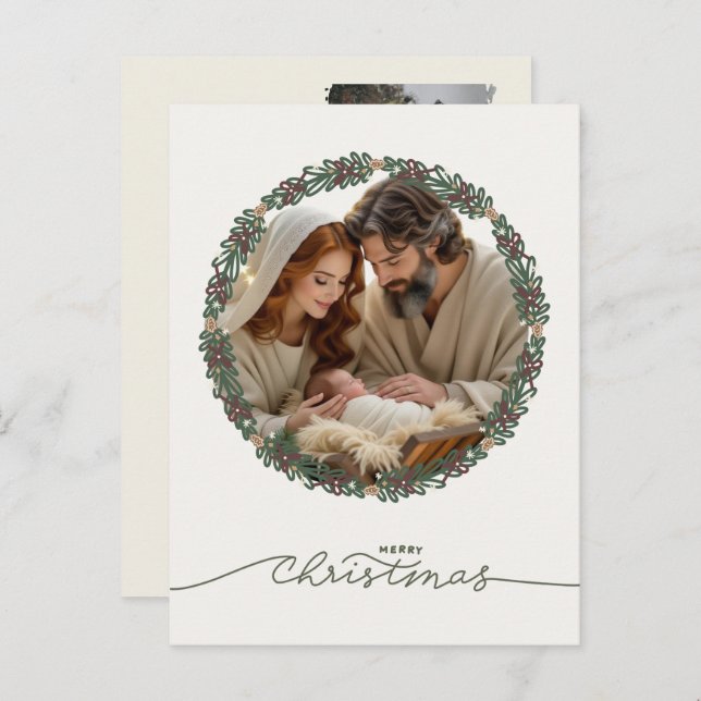 Cartes Pour Fêtes Annuelles Nativity Scene Baby Jesus in the Manger Your Photo (Devant / Derrière)