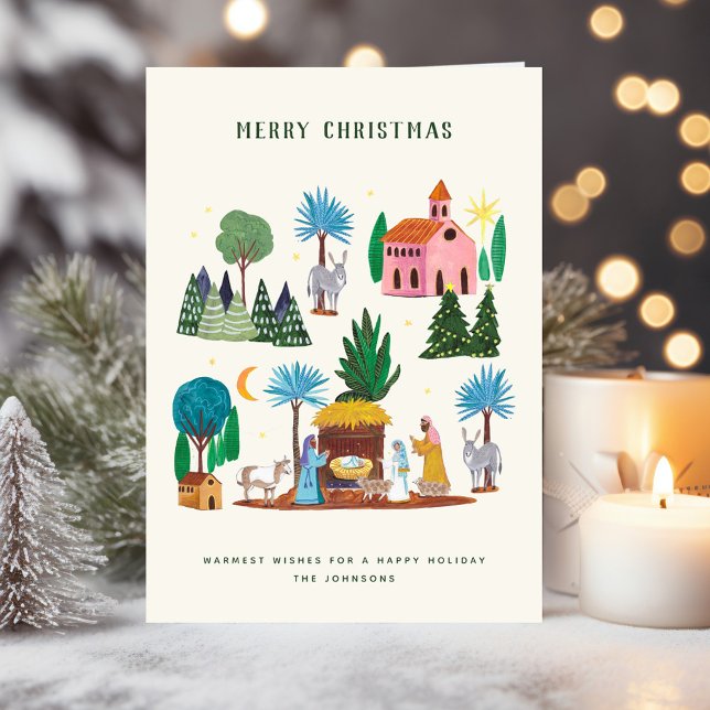 Cartes Pour Fêtes Annuelles Nativity Scene Ecru Hand drawn Merry Christmas (Nativity Scene Ecru Hand drawn Merry Christmas Holiday Card)