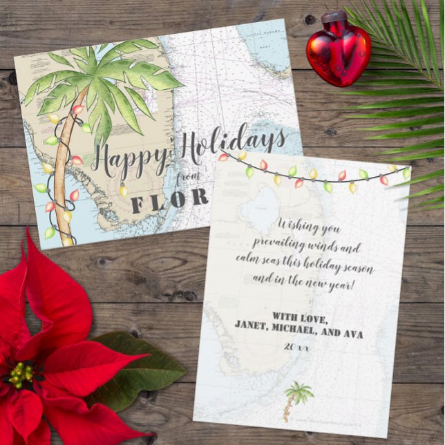 Cartes Pour Fêtes Annuelles Nautical Tropical Joyeux Vacances De Floride (Cute Customized Tropical Florida Holiday Cards with Watercolor Design Elements)