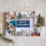 Cartes Pour Fêtes Annuelles Navy Blue Retro Joyeux Noël Photo Collage<br><div class="desc">Joyeux Noël! Envoyez vos salutations de vacances à votre famille et à vos amis avec cette carte de Noël personnalisable. Il est doté d'une typographie rétro et d'un modèle de montage photo. Personnalisez cette carte photo collage de Noël en ajoutant vos détails. Cette carte de Noël bleu marine est disponible...</div>