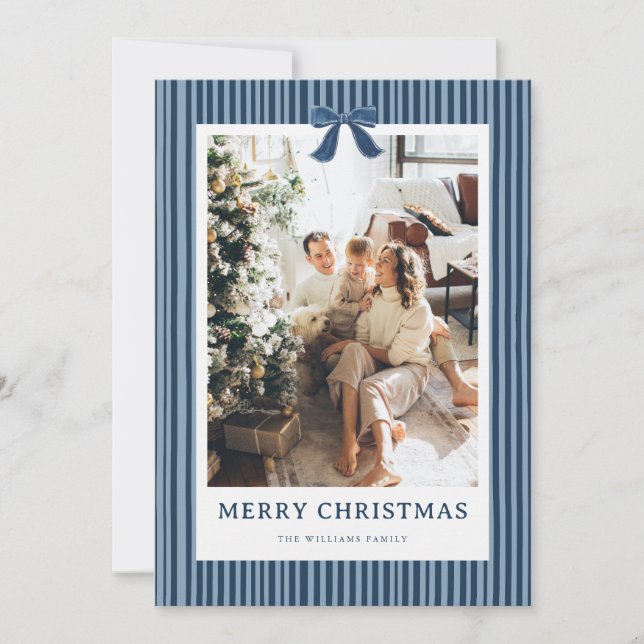 Cartes Pour Fêtes Annuelles Navy Blue Stripe Bow Christmas Photo Holiday Card (Devant)