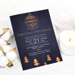 Cartes Pour Fêtes Annuelles Navy Rose Gold Metallic Christmas Open House Party<br><div class="desc">Modern rustic inspired business corporate winter holiday party invitation featuring a shiny metallic gold copper hand drawn Christmas tree decoration, a pine tree border, and a light grey script over a dark midnight blue chalkboard like background. A fancy trees pattern on the reverse. Personalize it with your details! Suitable for...</div>