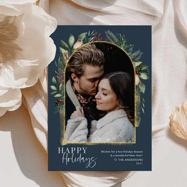 Cartes Pour Fêtes Annuelles Navy Végétalie Or Arche Tendance Écriture Photo (Créateur téléchargé)