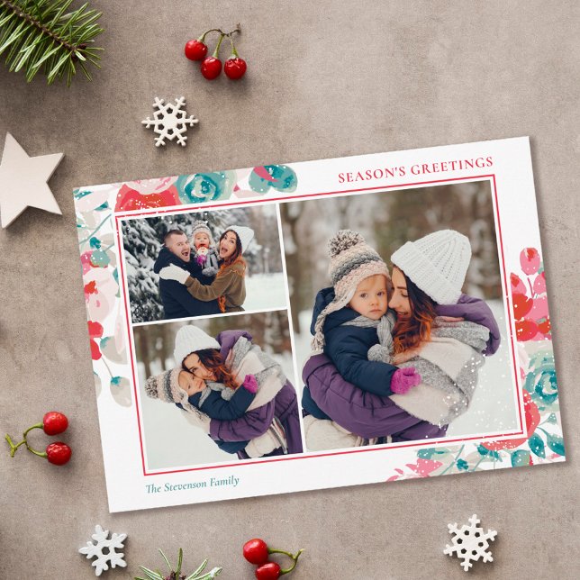 Cartes Pour Fêtes Annuelles Neige Noël vert rouge floral 3 photos (Créateur téléchargé)