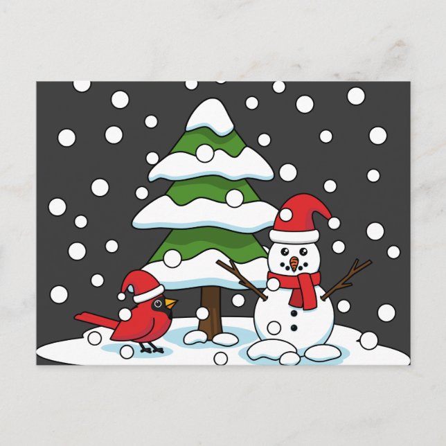 Cartes Pour Fêtes Annuelles Neige tombant sur Cardinal, Snowman et Pine Tree (Devant)