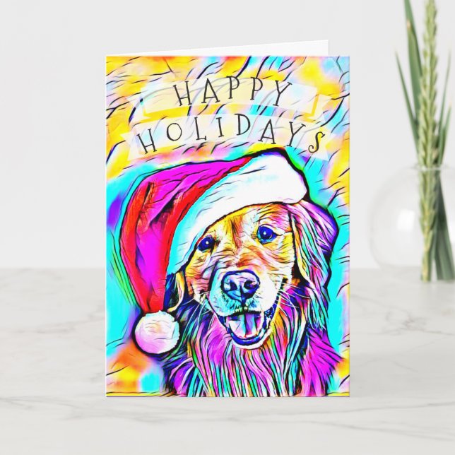 Cartes Pour Fêtes Annuelles Neon Bright Colonnes Noël Golden Retriever Art (Devant)