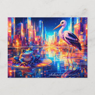 Cartes Pour Fêtes Annuelles Neon City Reflections: Frog and Heron Dreamscape