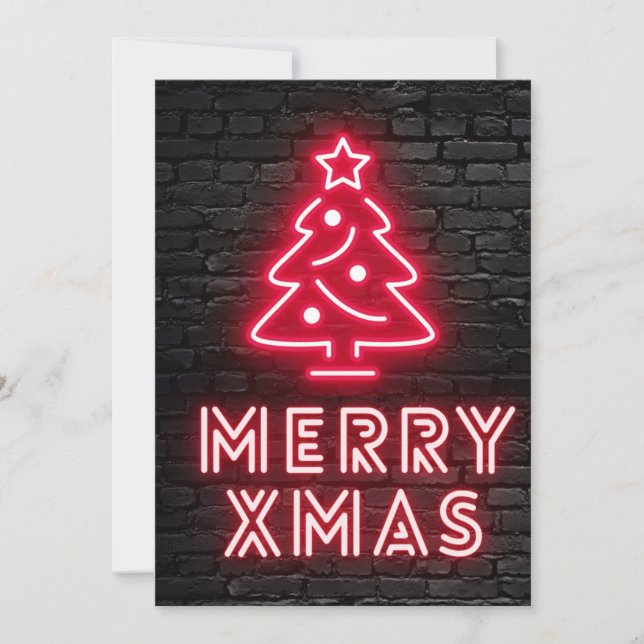 Cartes Pour Fêtes Annuelles Neon Joyeux Xmas Arbre Rouge Mur en Brick Noir (Devant)