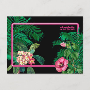Cartes Pour Fêtes Annuelles Neon Pink Tropical Botanical Monogram