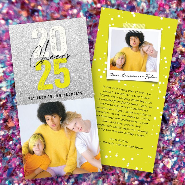 Cartes Pour Fêtes Annuelles Neon Yellow Cheers 2025 Parties scintillant Nouvel (Neon Yellow Cheers 2025 Glitter New Year Photo Holiday Card @ fat_fa_tin)