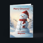 Cartes Pour Fêtes Annuelles Nephew Christmas Snowman<br><div class="desc">Une scène d'hiver festive montrant un joyeux bonhomme de neige dans un casquette rouge et foulard. Souhaitez à votre neveu un joyeux Noël avec une belle carte de bonhomme de neige.</div>