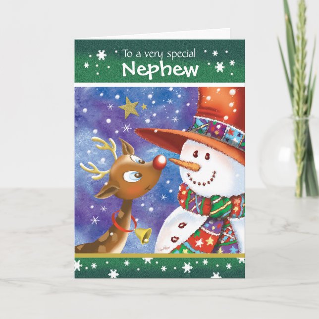 Cartes Pour Fêtes Annuelles Nephew, Cute Reindeer et Snowman (Devant)