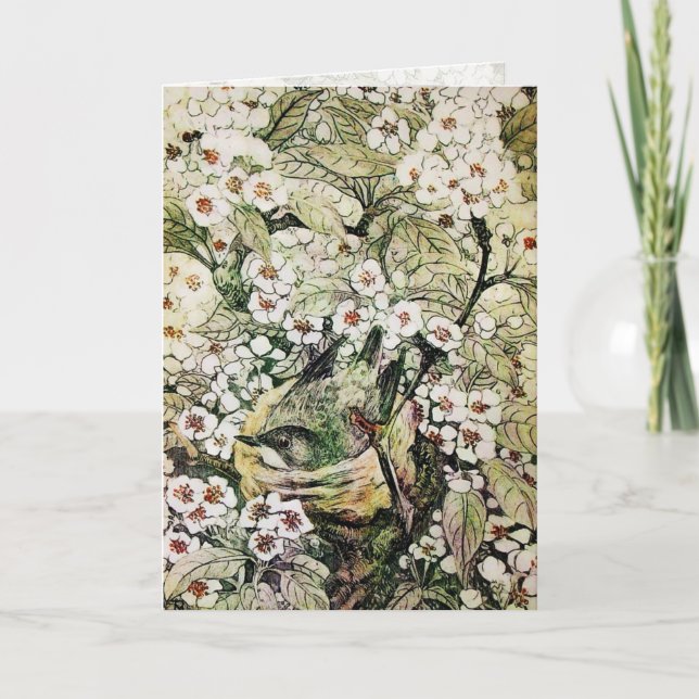 CARTES POUR FÊTES ANNUELLES NEST D'OISEAU, ARBRE AVEC FLEURS BROWN DE PRINTEMP (Devant)