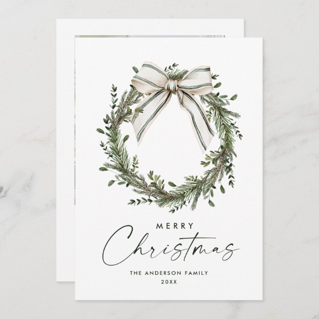 Cartes Pour Fêtes Annuelles Neutral Minimalist Boho Christmas Wreath Photo (Devant / Derrière)