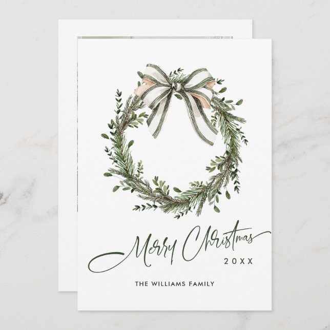 Cartes Pour Fêtes Annuelles Neutral Minimalist Boho Christmas Wreath Photo (Devant / Derrière)