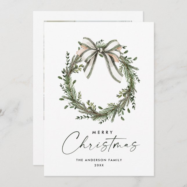 Cartes Pour Fêtes Annuelles Neutral Minimalist Boho Christmas Wreath Photo (Devant / Derrière)