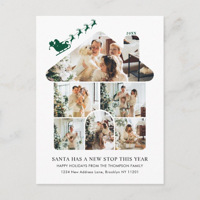 Cartes Pour Fêtes Annuelles New Home Photo Collage Green Santa Sleigh Moving (Devant)