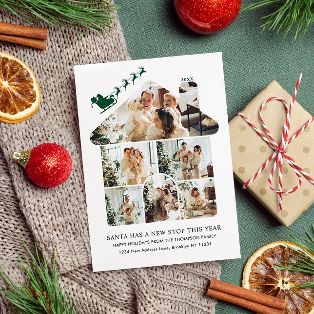 Cartes Pour Fêtes Annuelles New Home Photo Collage Green Santa Sleigh Moving (Créateur téléchargé)