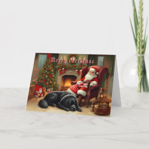 Cartes Pour Fêtes Annuelles Newf & Père Noël Dormir au coin de la cheminée