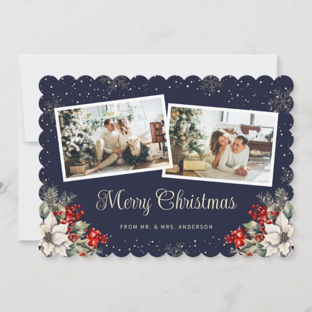 Cartes Pour Fêtes Annuelles Newlywed 2 Photo Botanical Blue Merry Christmas (Devant)
