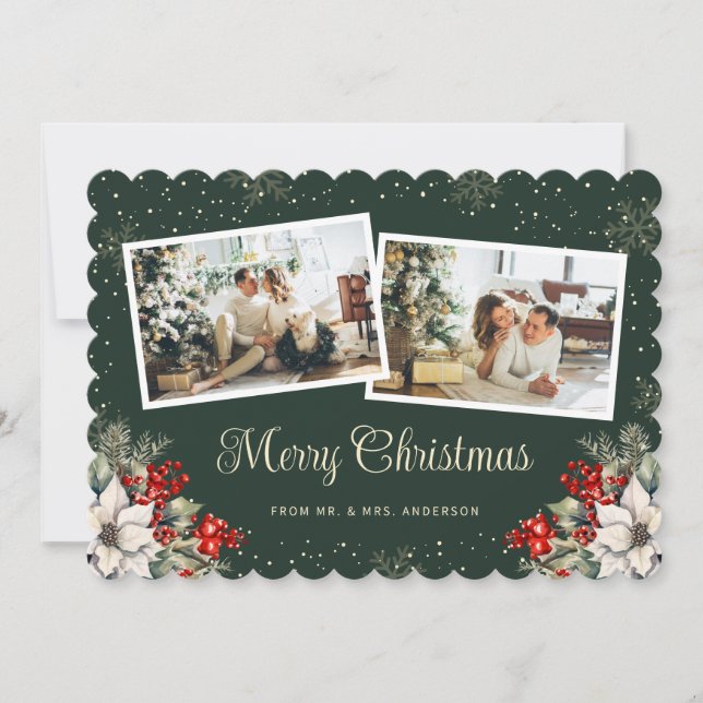 Cartes Pour Fêtes Annuelles Newlywed 2 Photo Botanical Green Merry Christmas (Devant)