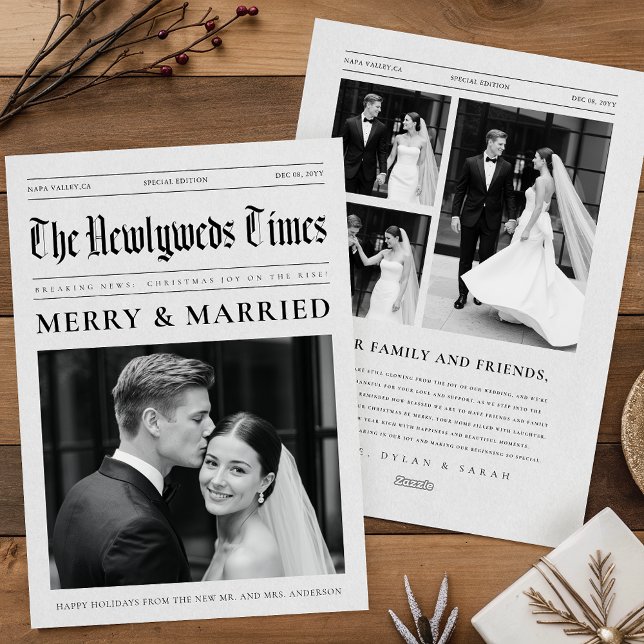 Cartes Pour Fêtes Annuelles Newspaper Merry And Married Newlywed Wedding Photo (Créateur téléchargé)