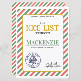Cartes Pour Fêtes Annuelles Nice List Certificate Signed by Santa Personalized