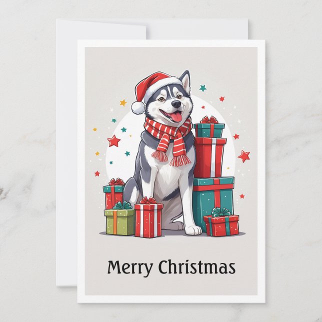 Cartes Pour Fêtes Annuelles Nice mignon Sibérien Husky Santa Claus Chien de No (Devant)