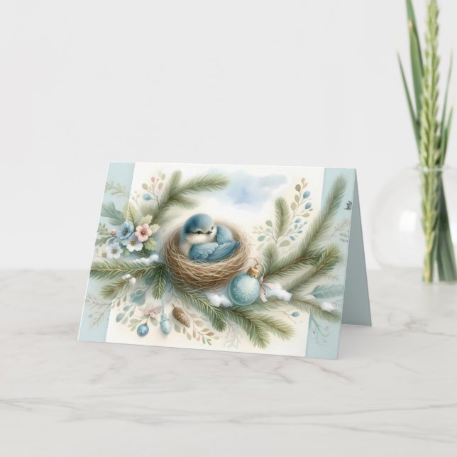 Cartes Pour Fêtes Annuelles Nid de merlebleu orné en pins en hiver (Devant)