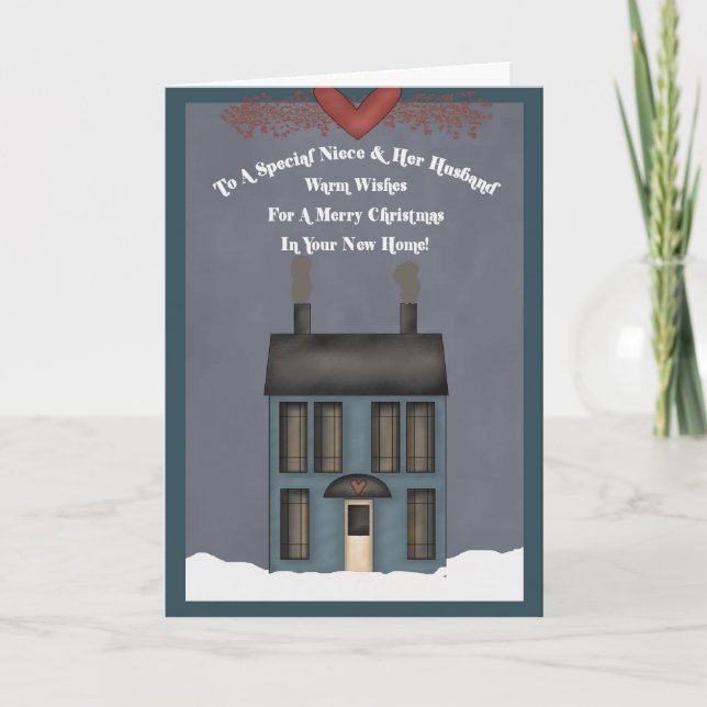Cartes Pour Fêtes Annuelles Nièce et son mari, 1er Noël dans une nouvelle mais (Devant)