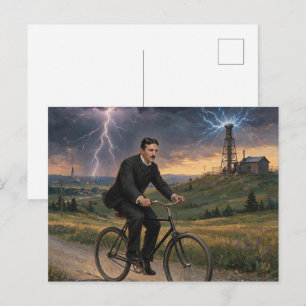 Cartes Pour Fêtes Annuelles Nikola Tesla faisant du vélo jusqu'à son laboratoi