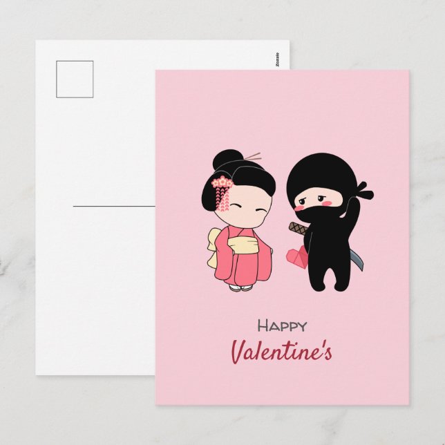 Cartes Pour Fêtes Annuelles Ninja et Geisha : Bonne Saint Valentin en rose (Devant / Derrière)