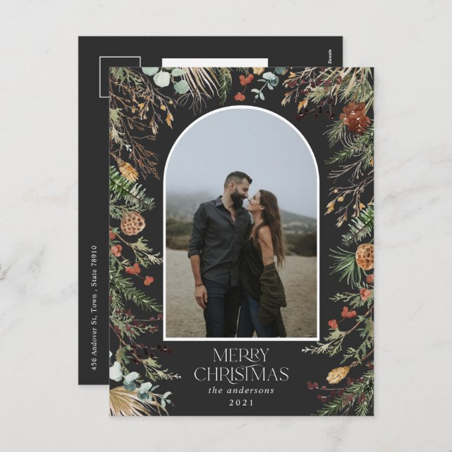 Cartes Pour Fêtes Annuelles Noël 1 arche photo aquarelle botanique floral (Devant / Derrière)