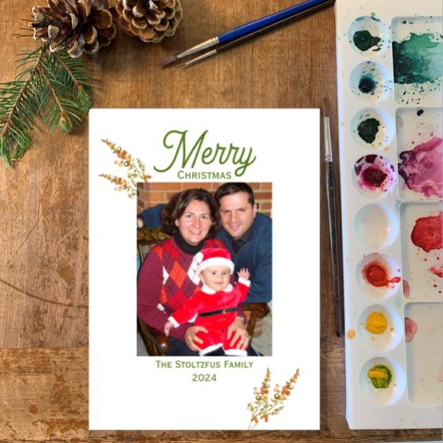 Cartes Pour Fêtes Annuelles Noël 1 Photo Aquarelle Boho Fleur sauvage (Persoanlize original hand painted watercolor botanical dries flowers Merry Christmas photo card )