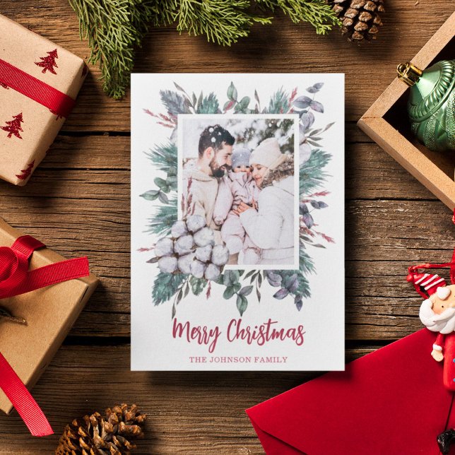 Cartes Pour Fêtes Annuelles Noël 1 photo aquarelle coton fleur hiver (Créateur téléchargé)