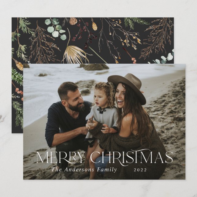 Cartes Pour Fêtes Annuelles Noël 1 photo aquarelle florale botanique (Devant / Derrière)