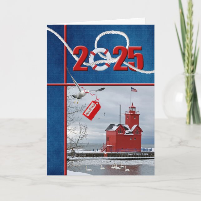 Cartes Pour Fêtes Annuelles Noël 2025 Big Red Michigan Lighthouse (Devant)