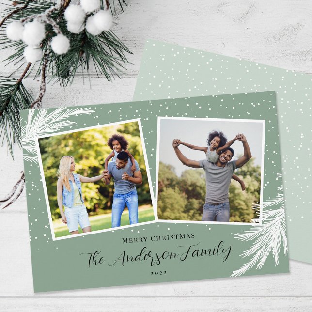 Cartes Pour Fêtes Annuelles Noël 2 Photos Script Neige Vert (Créateur téléchargé)