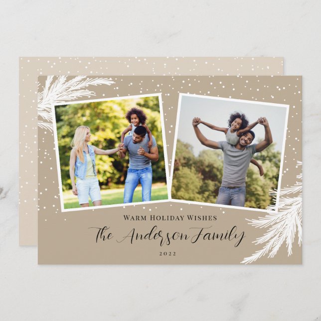 Cartes Pour Fêtes Annuelles Noël 2 Photos Script Tan Neige (Devant / Derrière)