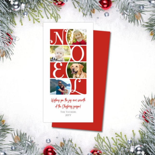 Cartes Pour Fêtes Annuelles NOEL 4 photos Noël rouge et blanc (NOEL Curvy 4-photo Christmas Card)