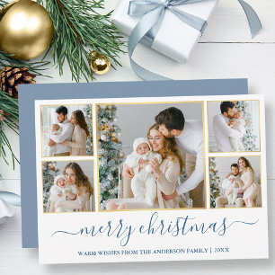 Cartes Pour Fêtes Annuelles Noël 5 Photo Calligraphie Dusty Blue Gold