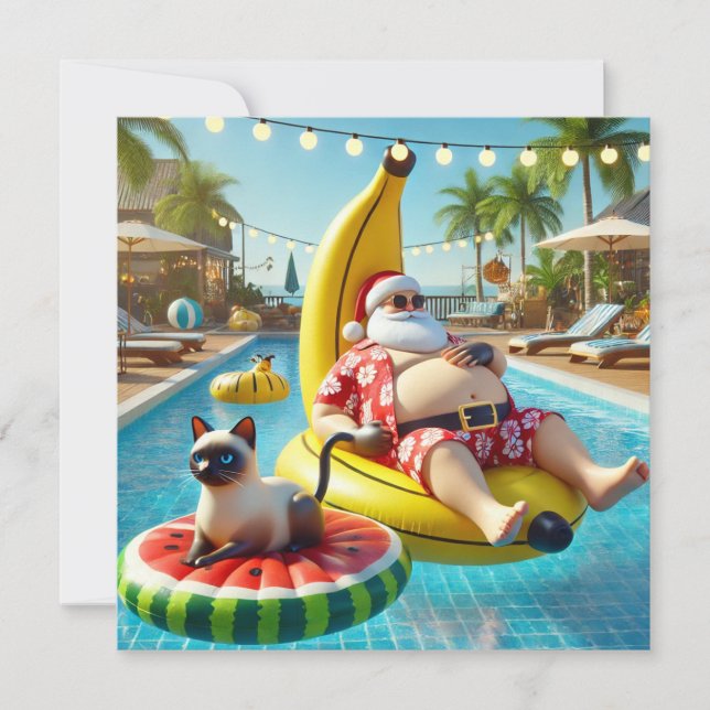 Cartes Pour Fêtes Annuelles Noël à Jully Pool Party avec chat dans la piscine (Devant)