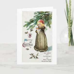 Cartes Pour Fêtes Annuelles Noël à l'ancienne, Fille aux oiseaux