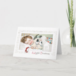 Cartes Pour Fêtes Annuelles Noël à l'ancienne, Fille qui dort avec Puppy