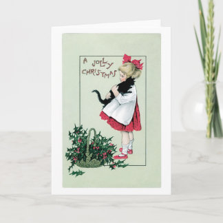 Cartes Pour Fêtes Annuelles Noël à l'ancienne, Fille tenant un chat noir