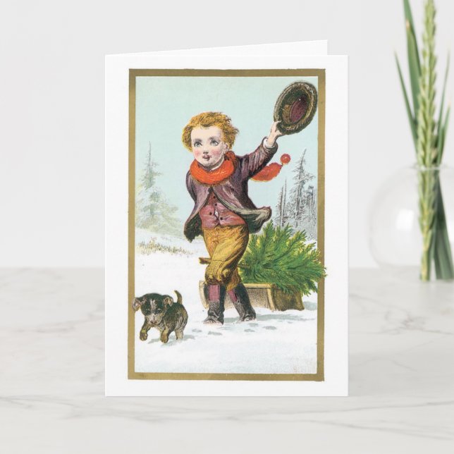 Cartes Pour Fêtes Annuelles Noël à l'ancienne, Garçon avec chiot (Devant)