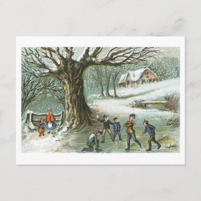 Cartes Pour Fêtes Annuelles Noël à l'ancienne, paysage enneigé (Devant)