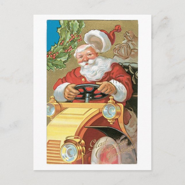 Cartes Pour Fêtes Annuelles Noël à l'ancienne, Père Noël équitation voiture vi (Devant)