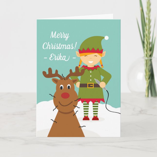 Cartes Pour Fêtes Annuelles Noël à l'électrologue avec Elf et Reindeer (Devant)