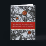 Cartes Pour Fêtes Annuelles Noël allemand, Ornements en neige<br><div class="desc">Des ornements de Noël nichés dans des branches enneigées décorent la couverture de cette carte de Noël écrite en allemand / Deutsch. Copyright © Shoaff Ballanger Studios.</div>